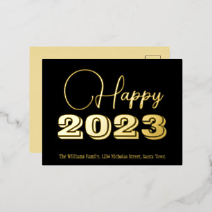 Black and Gold Foil custom Happy New Year 2023 Foil Holiday Postcard