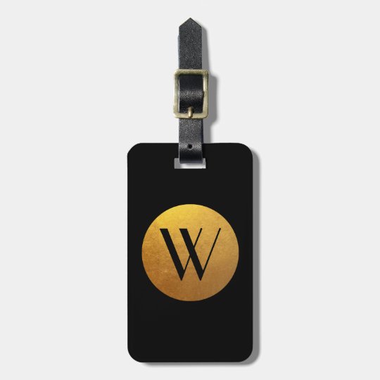 Black and Gold Foil Effect Circle Monogram Luggage Tag
