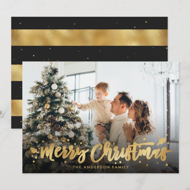 Black and Gold Foil Merry Christmas Photo Cards (Front/Back)
