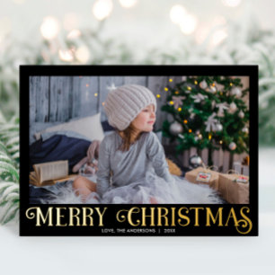 Black and Gold Foil Modern Merry Christmas photo Holiday Card