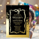 Black and Gold Foil Quinceañera Invitation Bow<br><div class="desc">Honour her milestone with this exquisite quinceañera invitation, designed to reflect glamour, and heartfelt celebration. Featuring radiant gold foil, black, and fun bow-this flat card sets the tone for a day filled with love and legacy. Front: Personalize with her name, event details, and/or a meaningful message Back: Includes a dedicated...</div>