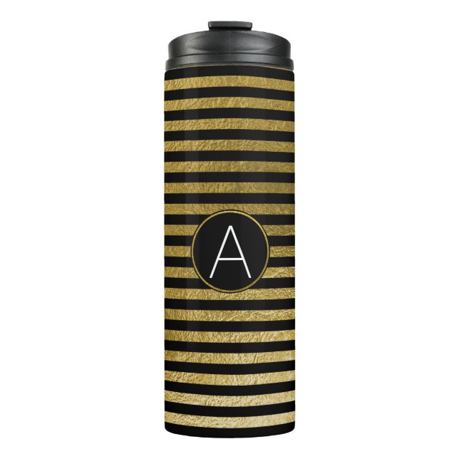 Black and Gold Foil Stripe Pattern Monogram Thermal Tumbler (Front)