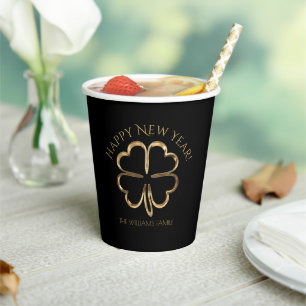 Black and Gold Four Leaf Clover Happy New Year Pap Paper Cups