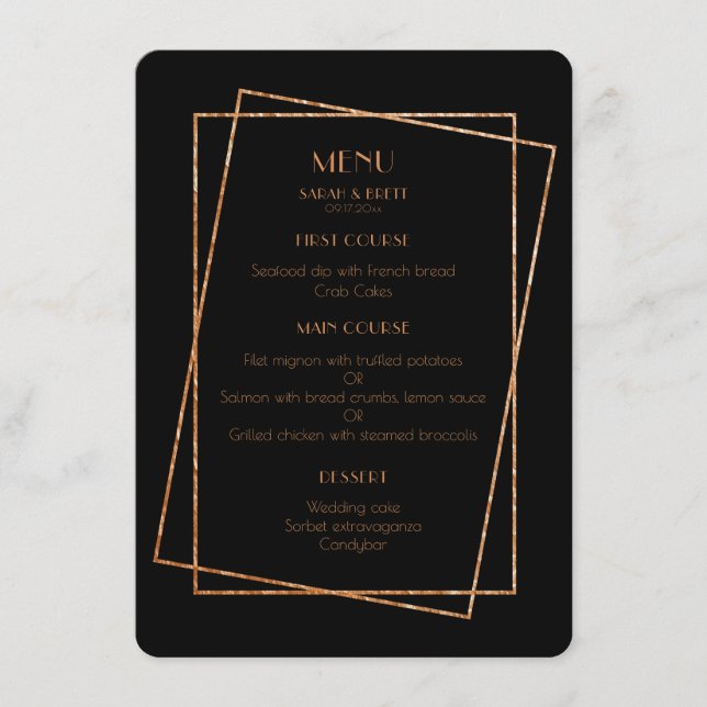 Black and gold frame art deco wedding menu card (Front)