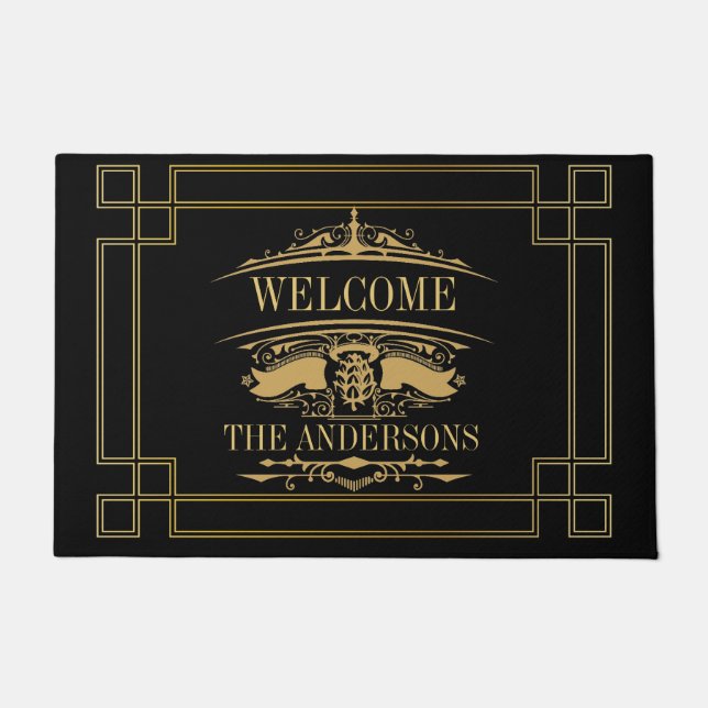 Black and Gold  Frame Custom Elegant Family Home  Doormat (Front)