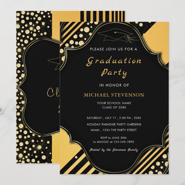 Black and Gold Framed Graduation Invitation (Front/Back)