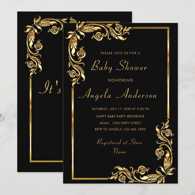 Black and Gold Frames Baby Girl Shower Invitation (Front/Back)