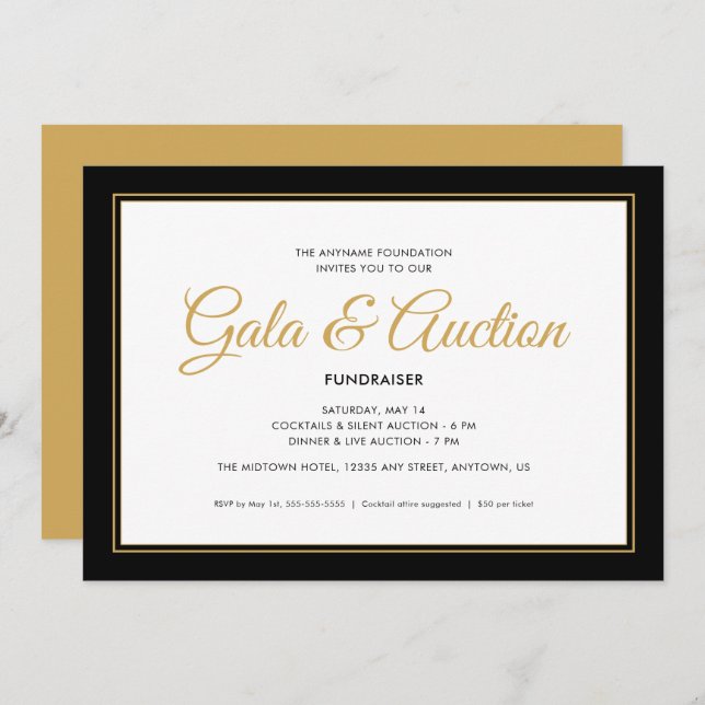 Black and Gold Gala Auction and Fundraiser Invitation (Front/Back)