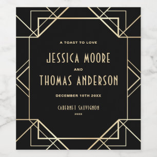 Black and Gold Gatsby Art Deco Custom Wedding Wine Label