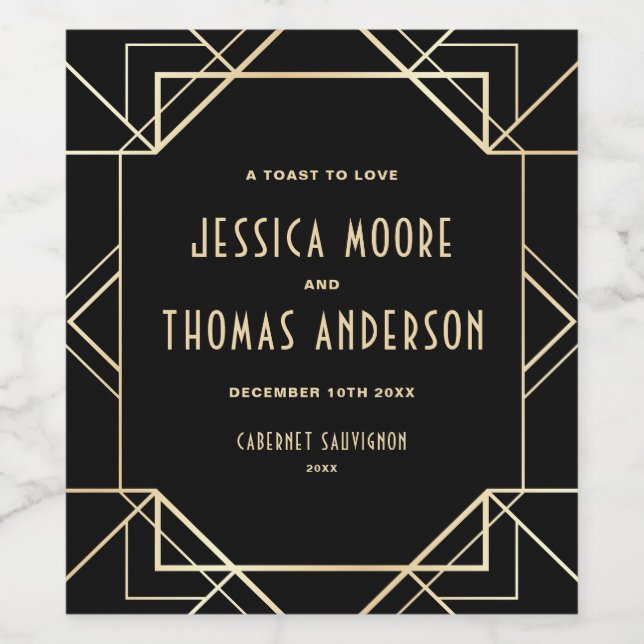 Black and Gold Gatsby Art Deco Custom Wedding Wine Label (Single Label)