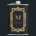 Black and Gold Geometric | Monogram & Name  Hip Flask<br><div class="desc">Elegant and chic black and gold art deco geometric frame with monogram. This is a template ready for you to personalize with your initial. Inspired by the 1920's Gatsby  Art Deco style. Great for speakeasy party or just regular poker night.</div>