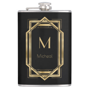 Black and Gold Geometric   Monogram & Name  Hip Flask