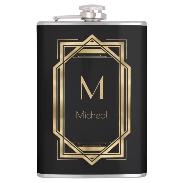 Black and Gold Geometric | Monogram & Name  Hip Flask (Front)