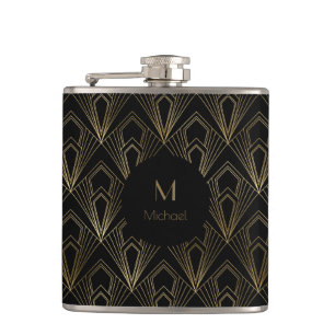 Black and Gold Geometric Pattern Monogram Hip Flask