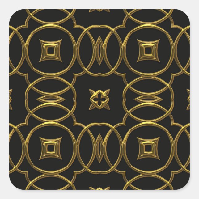Black and Gold Geometric Pattern Shiny Elegant Square Sticker (Front)
