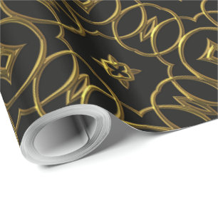 Black and Gold Geometric Pattern Shiny Elegant Wrapping Paper