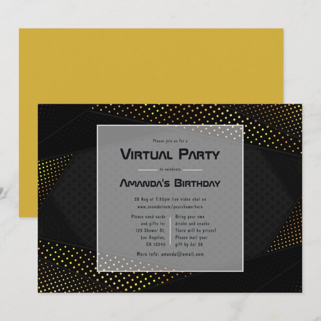 Black and Gold Geometric Virtual Birthday Party Invitation (Front/Back)