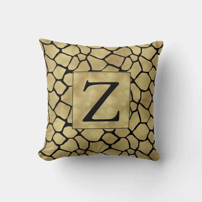 Black and Gold Giraffe Print Monogram Throw Pillow (Front)