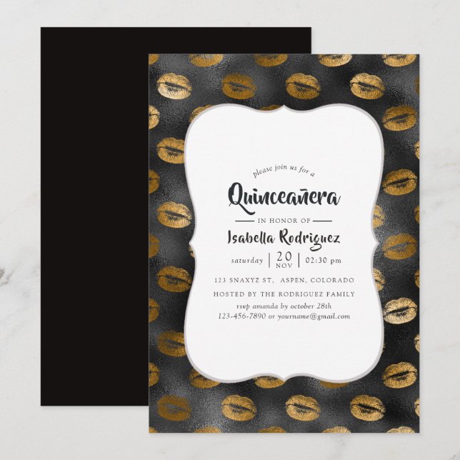 Black and Gold Glam Lips Pattern Quinceañera Invitation (Front/Back)