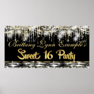 Black and Gold Glam Sweet 16 Party Banner Poster