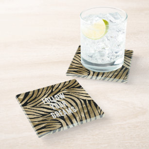 Black and Gold Glam Zebra  Glass Coaster