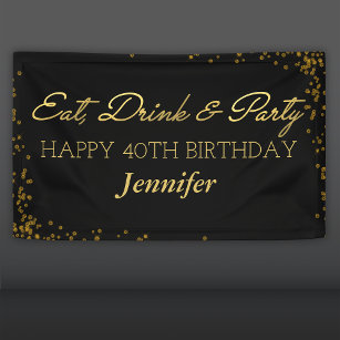Black and Gold Glamour Adult Happy Birthday Banner