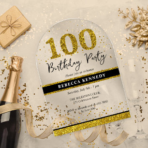 Black And Gold Glitter 100th Birthday Party Acrylic Invitations