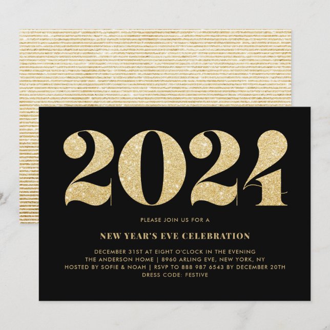 Black and Gold Glitter 2024 New Year's Eve Party Invitation (Front/Back)