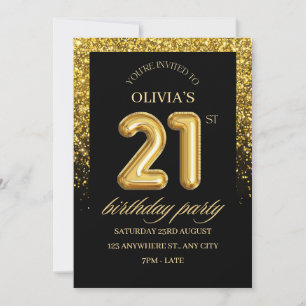 Black and Gold Glitter 21st Birthday Party Invitation
