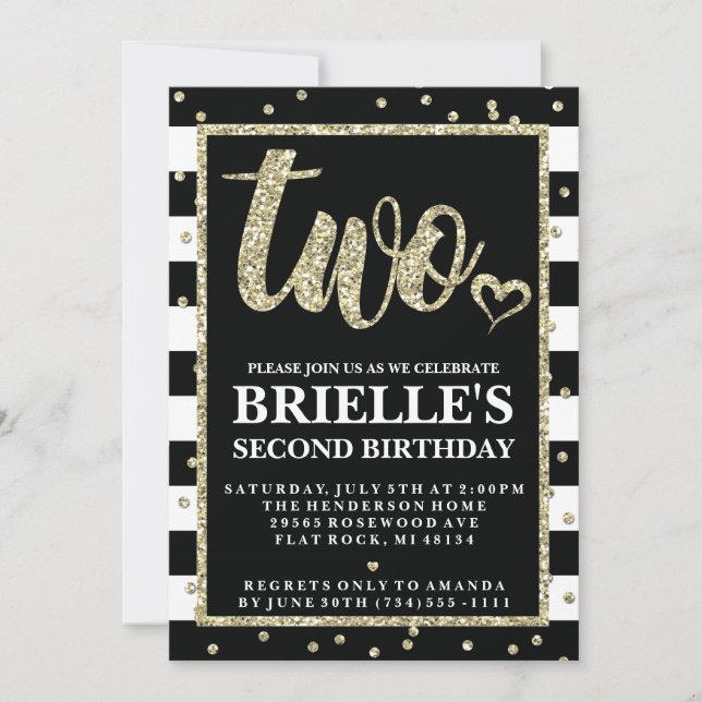 Black and Gold Glitter 2nd Birthday Invitation (Front)