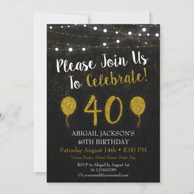 Black And Gold Glitter 40th Birthday Invitation (Front)