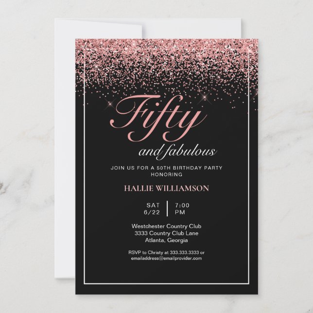 Black and Gold Glitter 50 and Fabulous Birthday Invitation (Front)