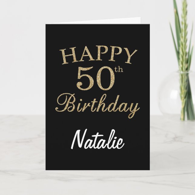 Black and Gold Glitter 50th Birthday Card (Front)