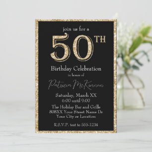 Black and Gold Glitter 50th Birthday Invitation