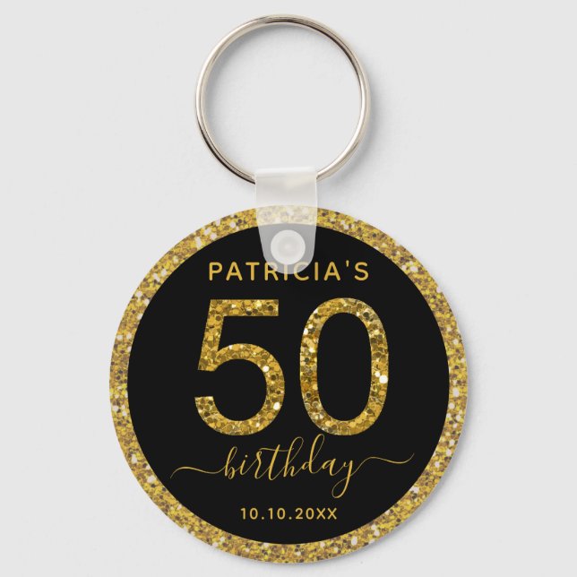 Black And Gold Glitter 50th Birthday Party Favour Keychain (Front)