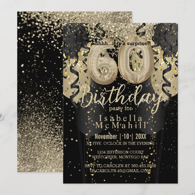 Black and Gold Glitter 60th Birthday Invitation (Front/Back)