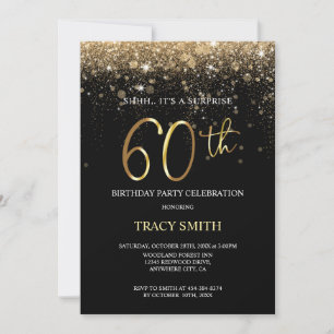 Black and Gold Glitter 60th Surprise Birthday Invi Invitation