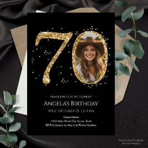 Black and Gold Glitter 70th Birthday Photo Invitation