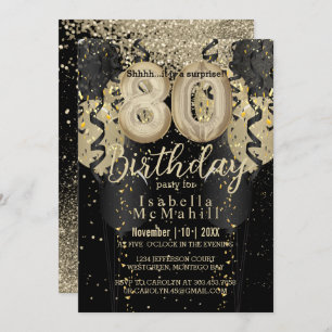 Black and Gold Glitter 80th Birthday Invitation