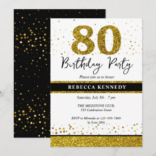 Black And Gold Glitter 80th Birthday Party Invitation