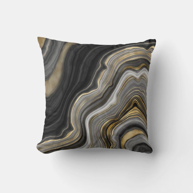 Black and Gold Glitter Agate Abstract Throw Pillow (Front)