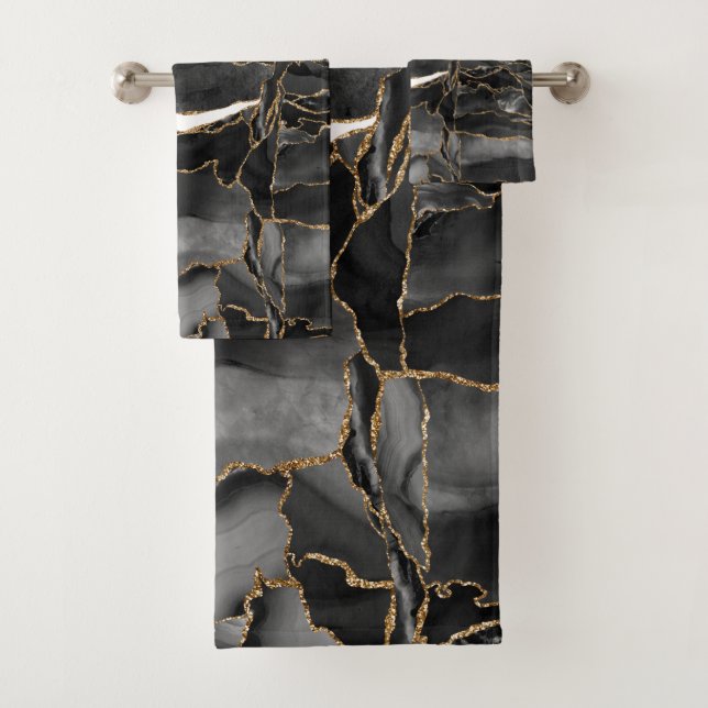 Black and Gold Glitter Agate Bath Towel Set (Insitu)