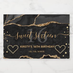 Black and Gold Glitter Agate Marble Sweet 16 Sparkling Wine Label