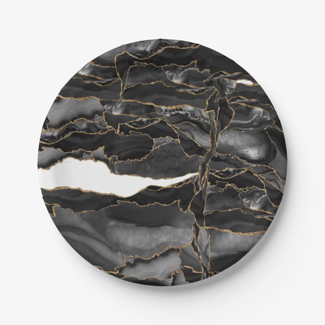 Black and Gold Glitter Agate Paper Plate (Front)