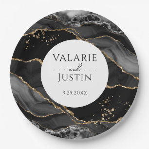 Black and Gold Glitter Agate Wedding Paper Plates