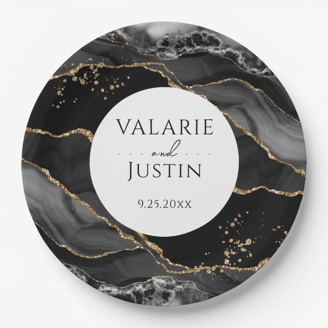 Black and Gold Glitter Agate Wedding Paper Plates (Front)