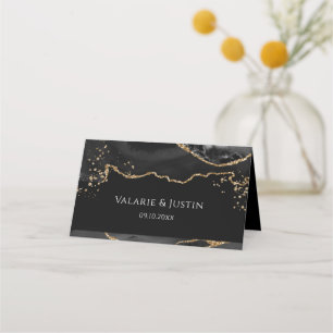 Black and Gold Glitter Agate Wedding Place Card