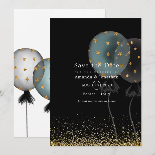 Black and Gold Glitter Balloon Wedding Save The Date (Front/Back)