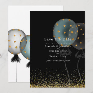 Black and Gold Glitter Balloon Wedding Save The Date