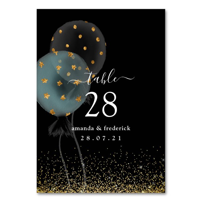 Black and Gold Glitter Balloon Wedding Table Number (Front)